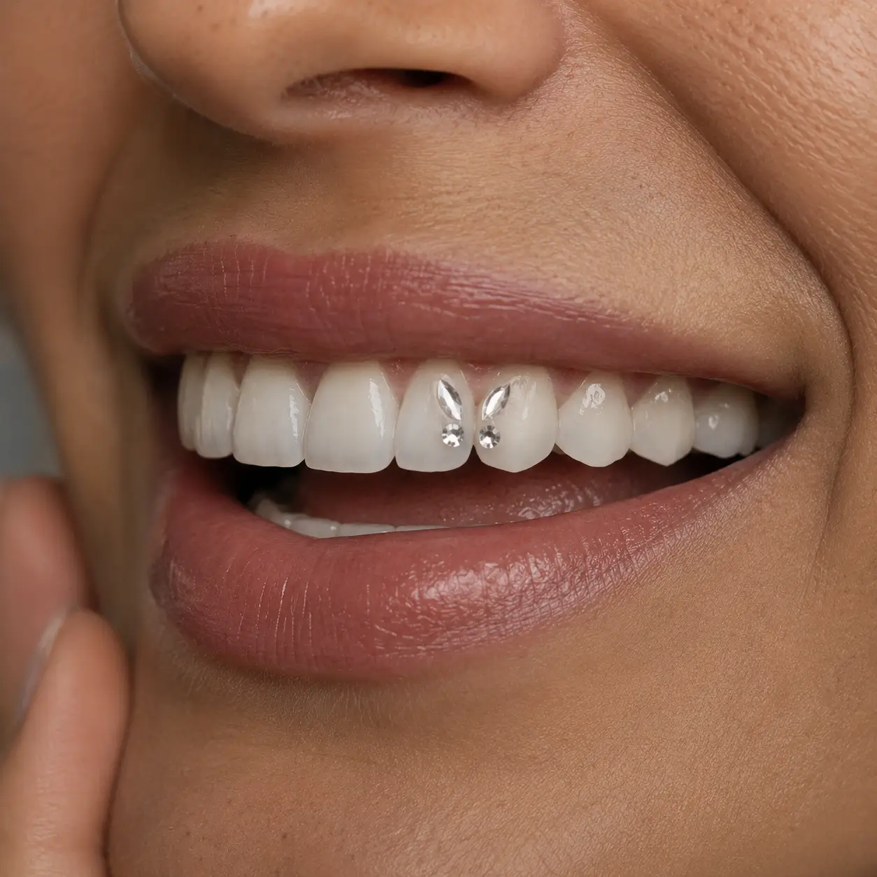 Tooth gem med butterfly design hos Brows & Beauty i Aarhus – kreativ tandsmykke med funklende tandsten på tænderne.