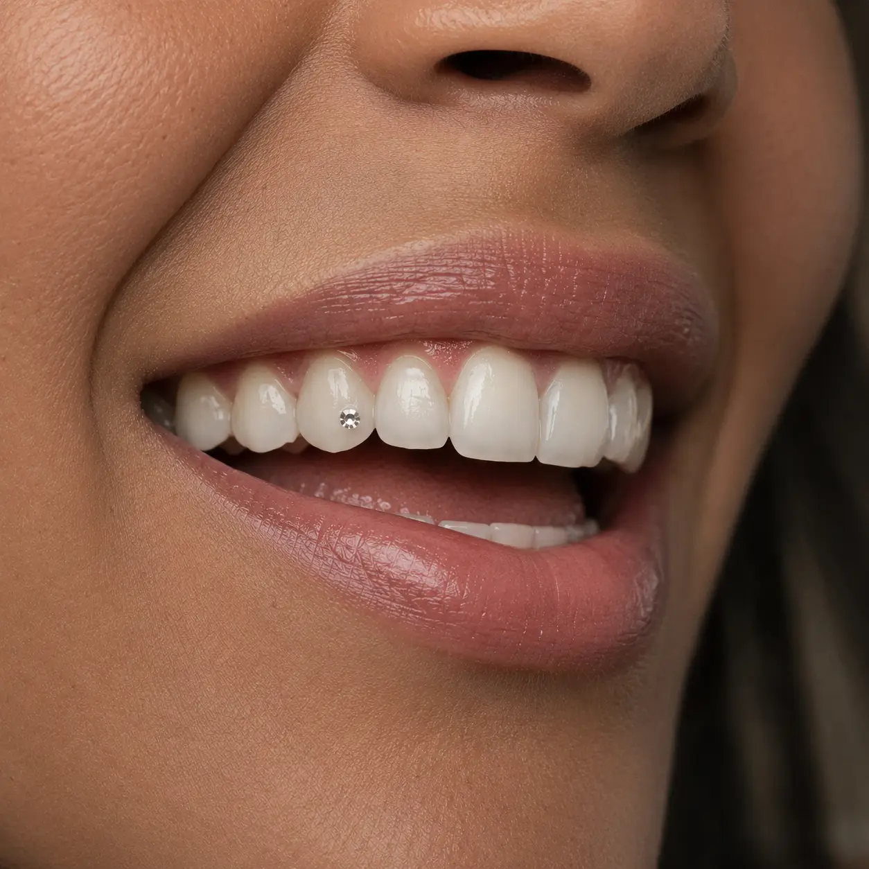 Naturligt smilebillede med tooth gem hos Brows & Beauty i Aarhus – diskret tandsmykke og tandsten med elegant finish.