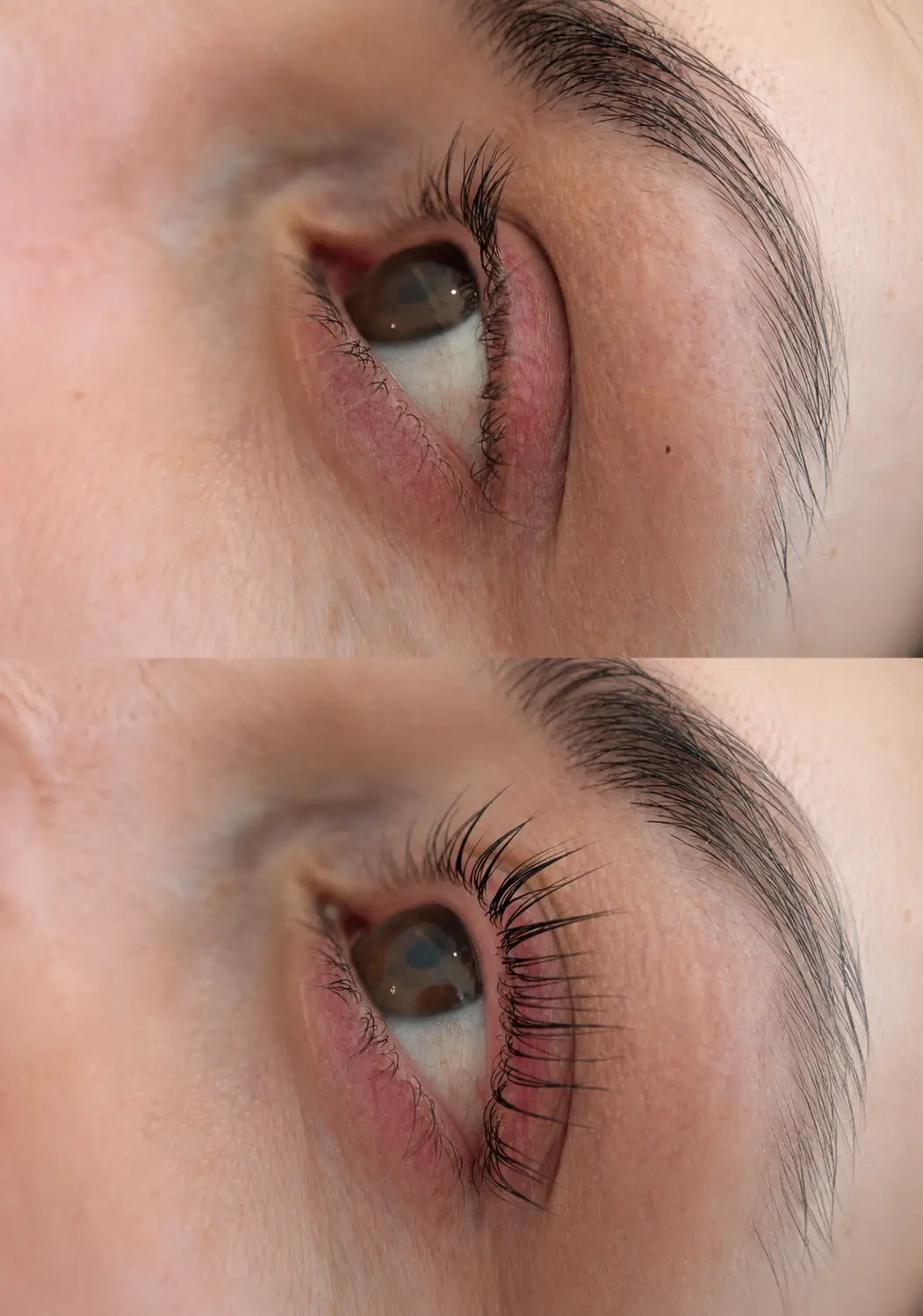 Før og efter Korean Lash Lift hos Brows & Beauty Aarhus med løftede naturlige vipper uden extensions.