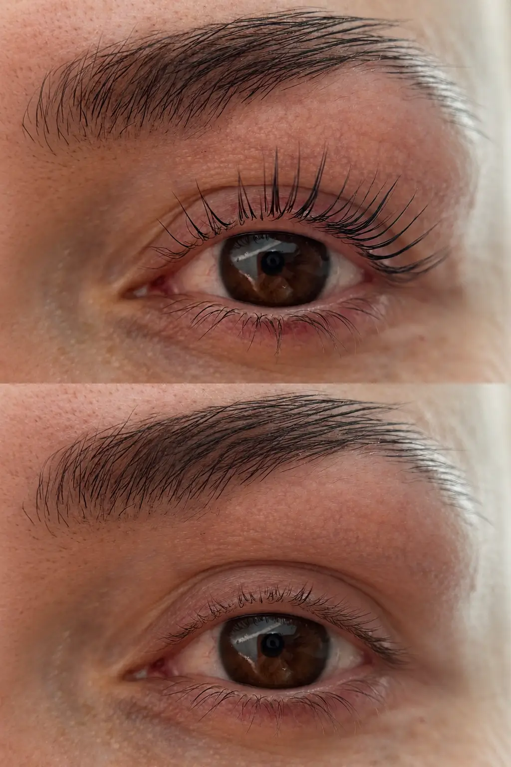 Før og efter resultat af korean lash lift hos Brows & Beauty i Aarhus. Lash lift med naturlige produkter.