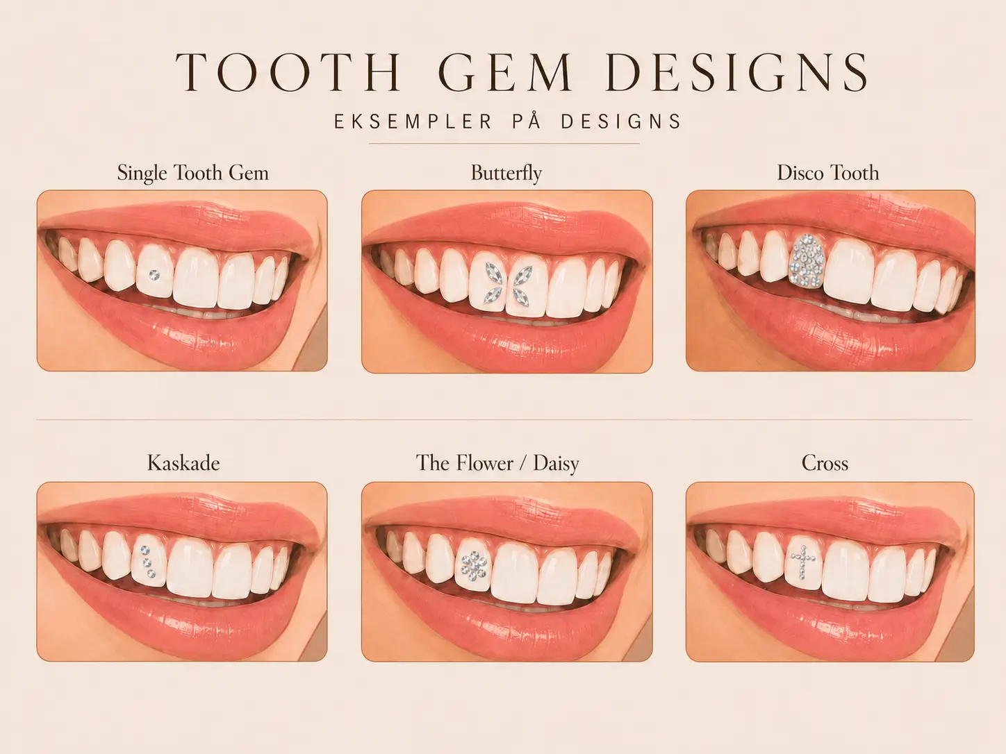 Oversigt over Tooth Gem designs hos Brows & Beauty Aarhus med eksempler på Single Tooth Gem, Butterfly, Disco Tooth, Kaskade, The Flower / Daisy og Cross.