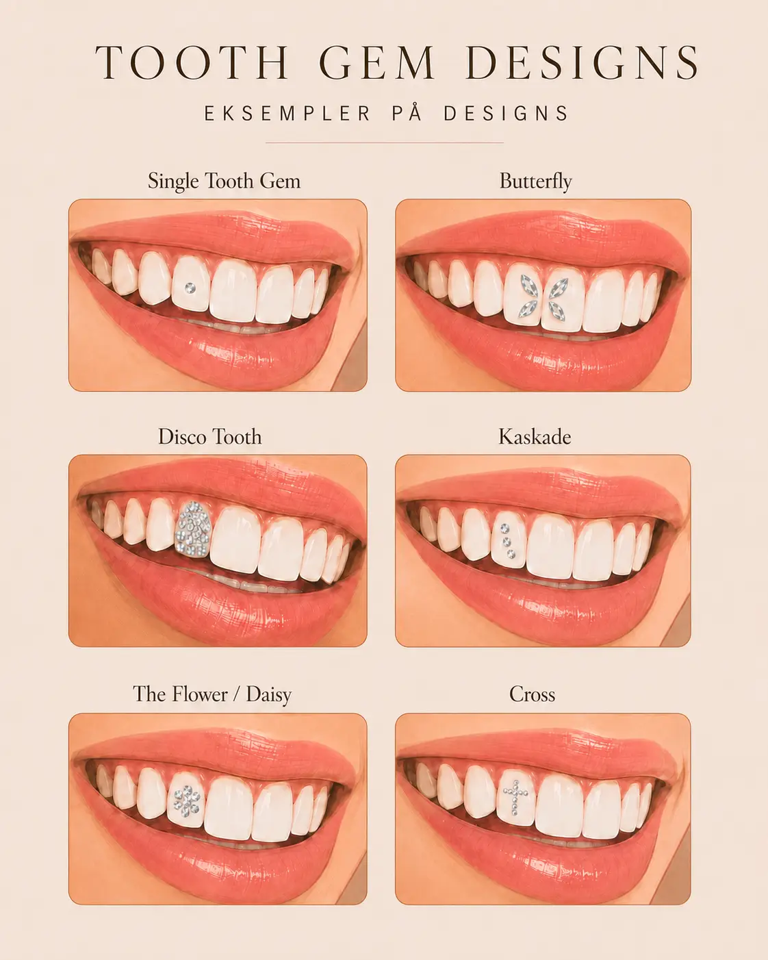 Mobilvenligt overblik over Tooth Gem designs hos Brows & Beauty Aarhus med seks eksempler på tandsten og tandsmykker.